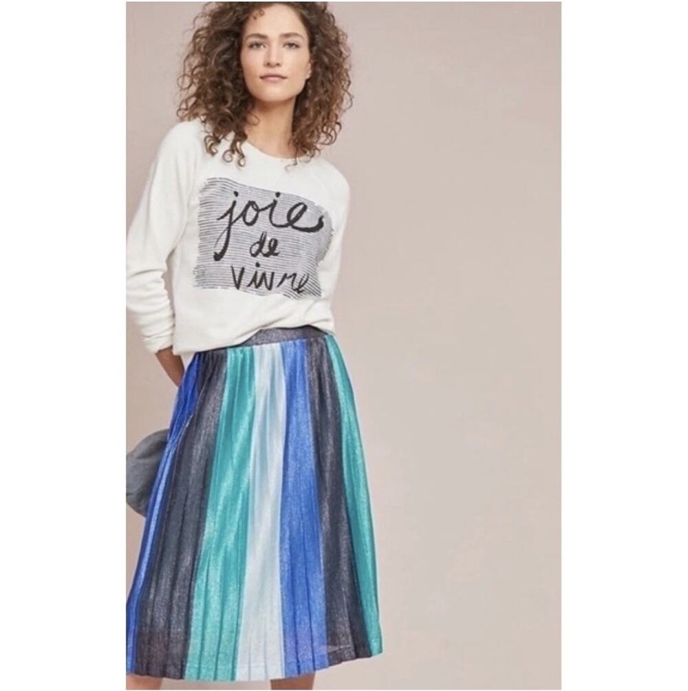 Maeve Shimmery Multi-Panel Pleated Midi Skirt in Teal, Blue, Silver, Charcoal
